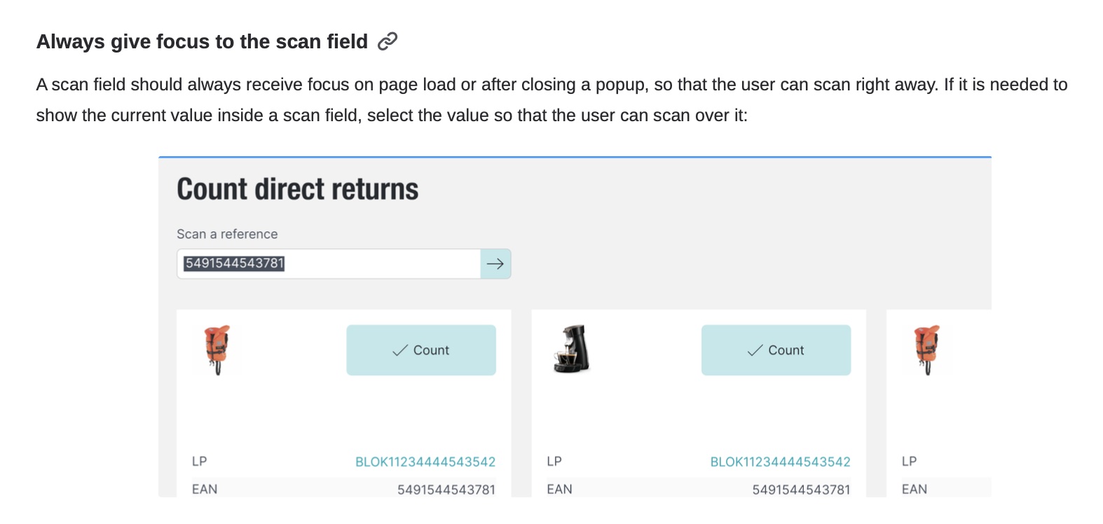 Instructions on scan field usage