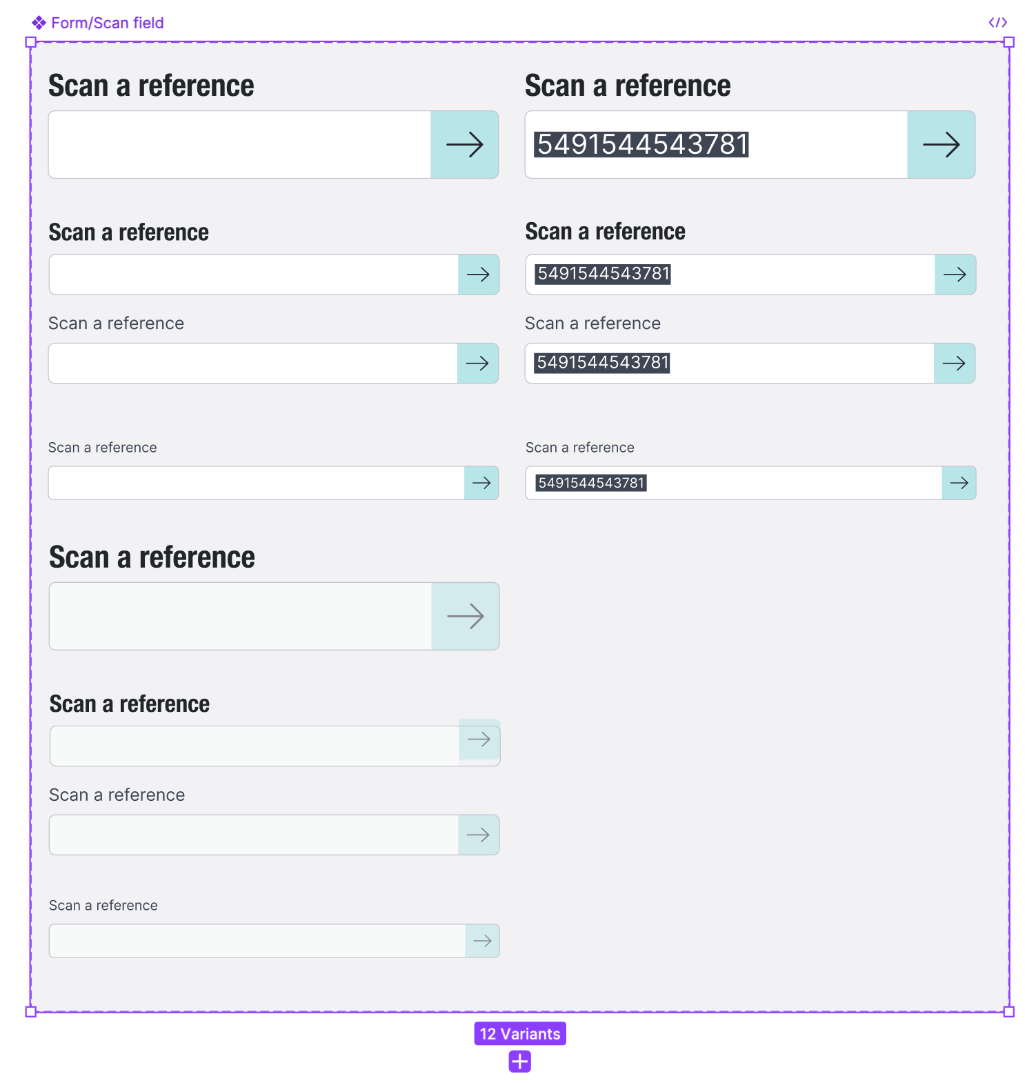 Different versions of the ‘Scan field’ in Figma (BuyBay employees have scanners to scan bar codes into text fields)