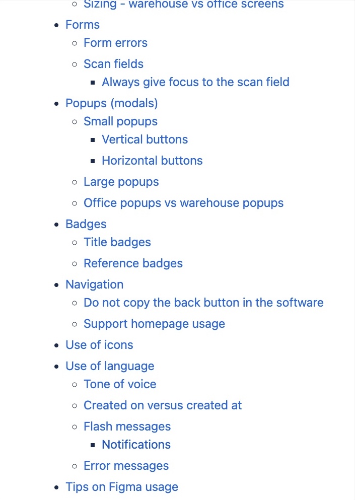Fragment of the table of contents of the design system