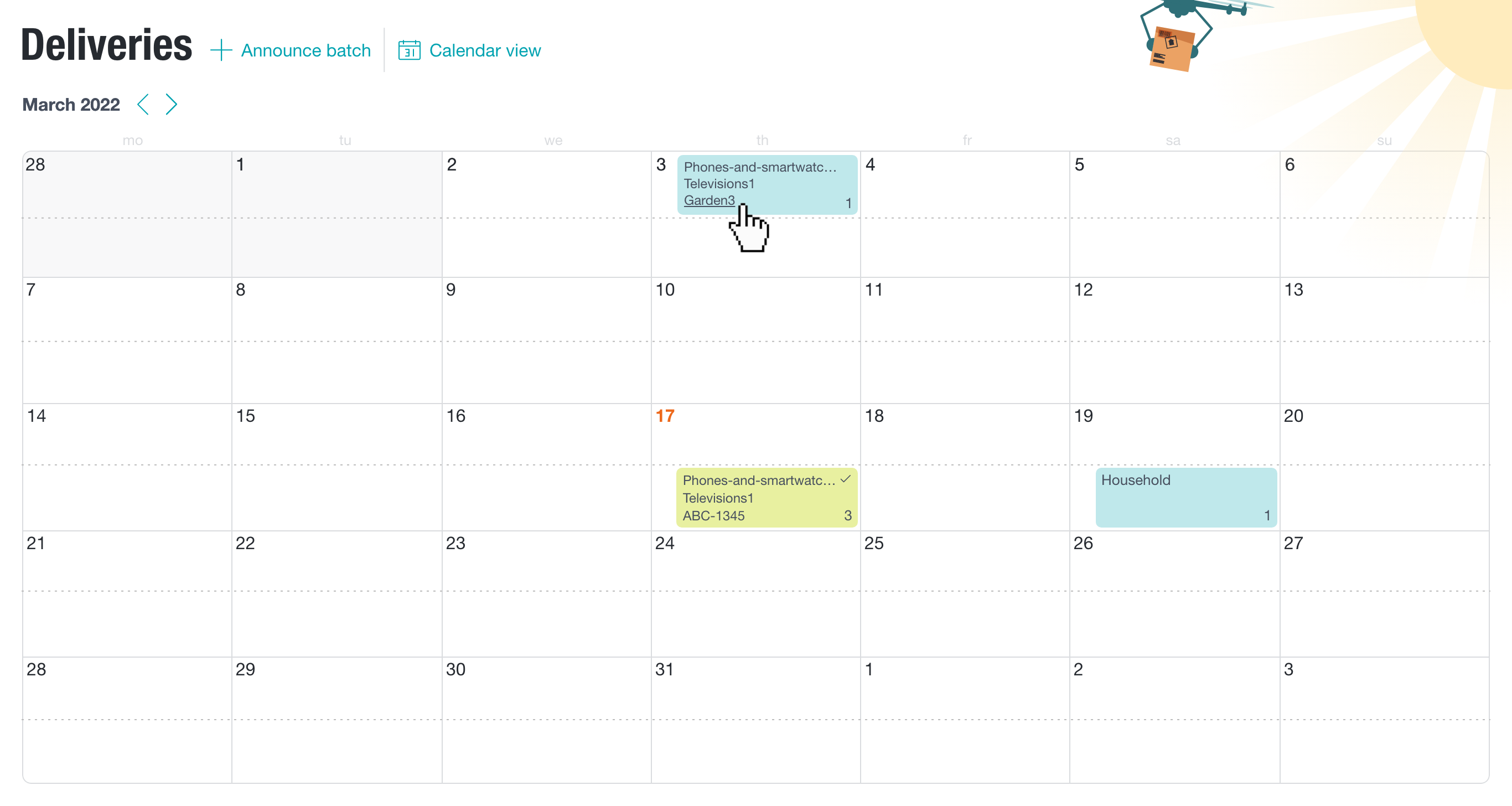 Calender view of the deliveries