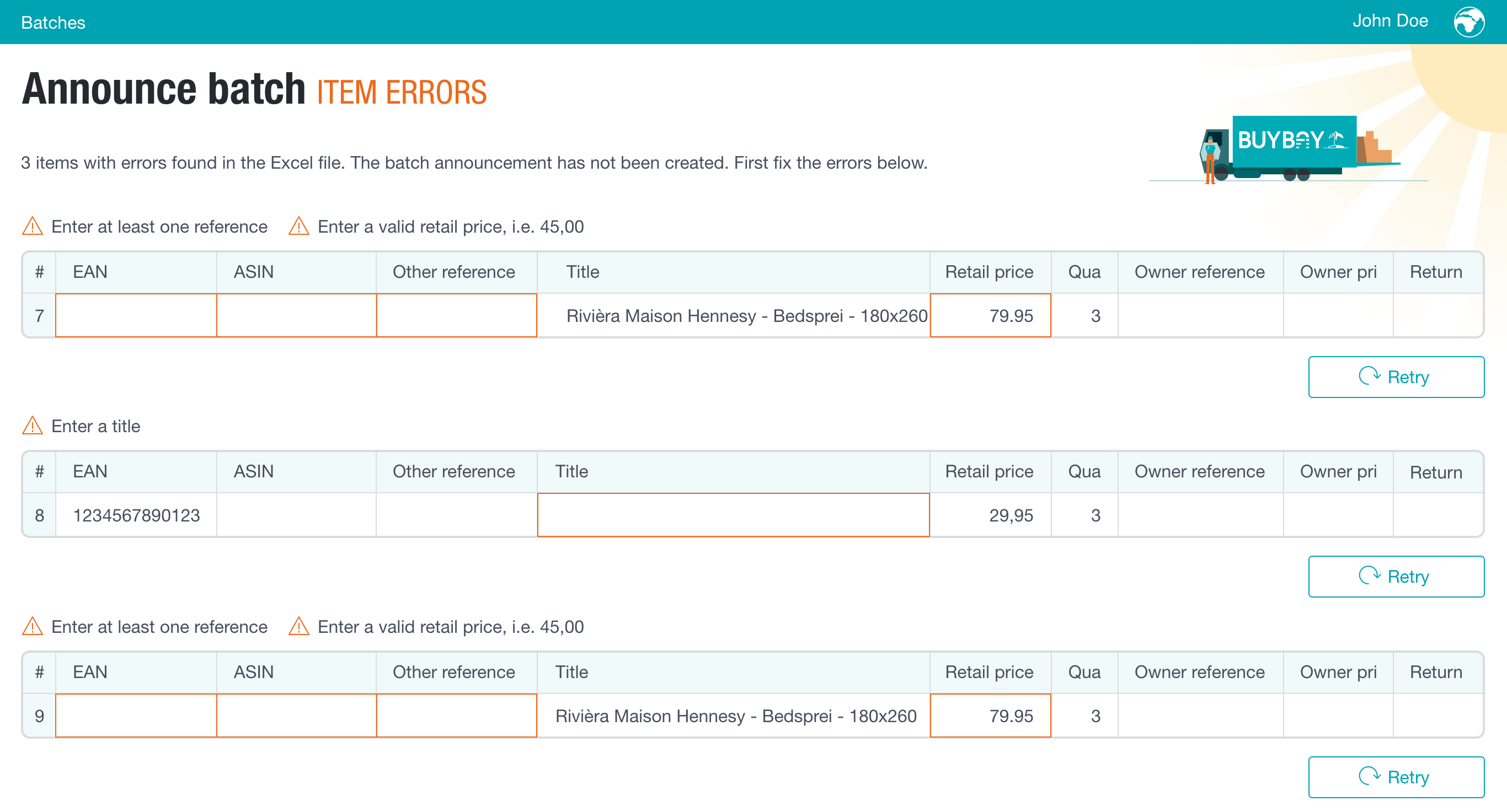 Announce a batch of returns - errors found in the Excel file