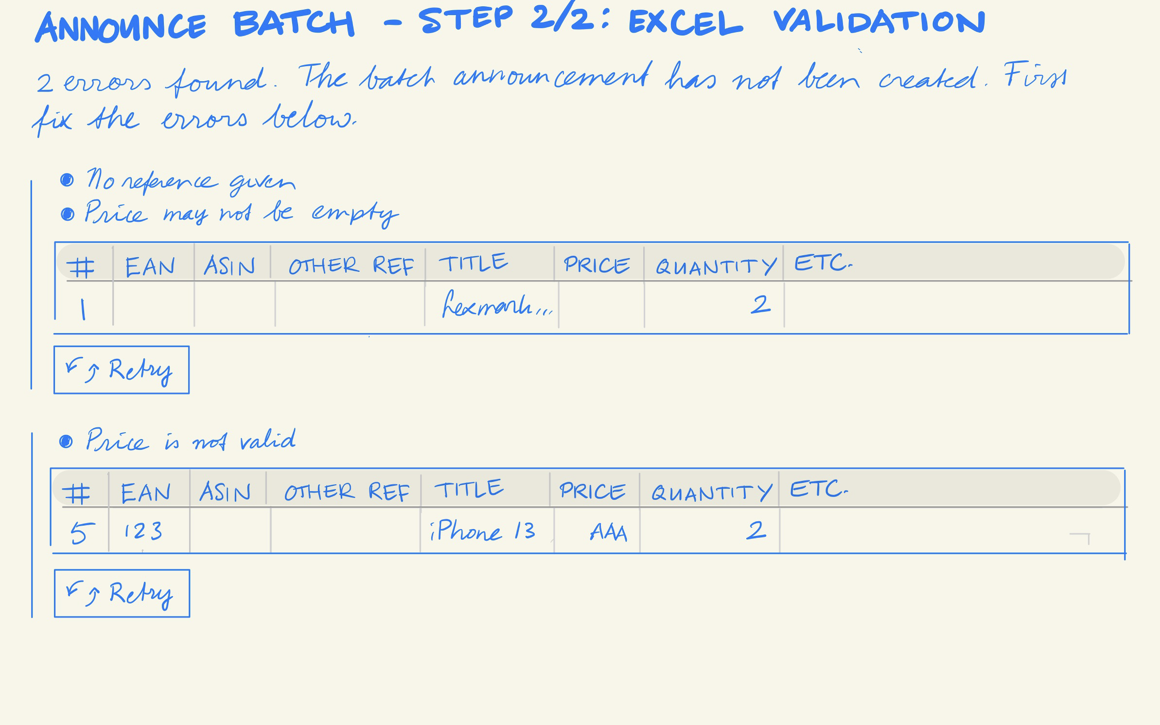Announce a batch of returns - errors found in the Excel file